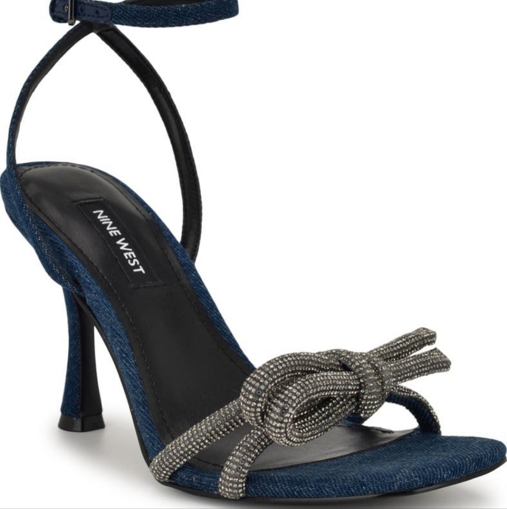 Nine West Denim Sandal Heels With Sparkly Bow Sz 7